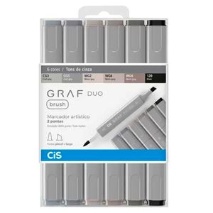 Marcador Artístico 2 Pontas  -  6 Cores - Graf Duo Brush - Tons de Cinza