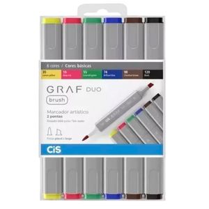 Marcador Artístico 2 Pontas  -  6 Cores - Graf Duo Brush - Cores Básicas